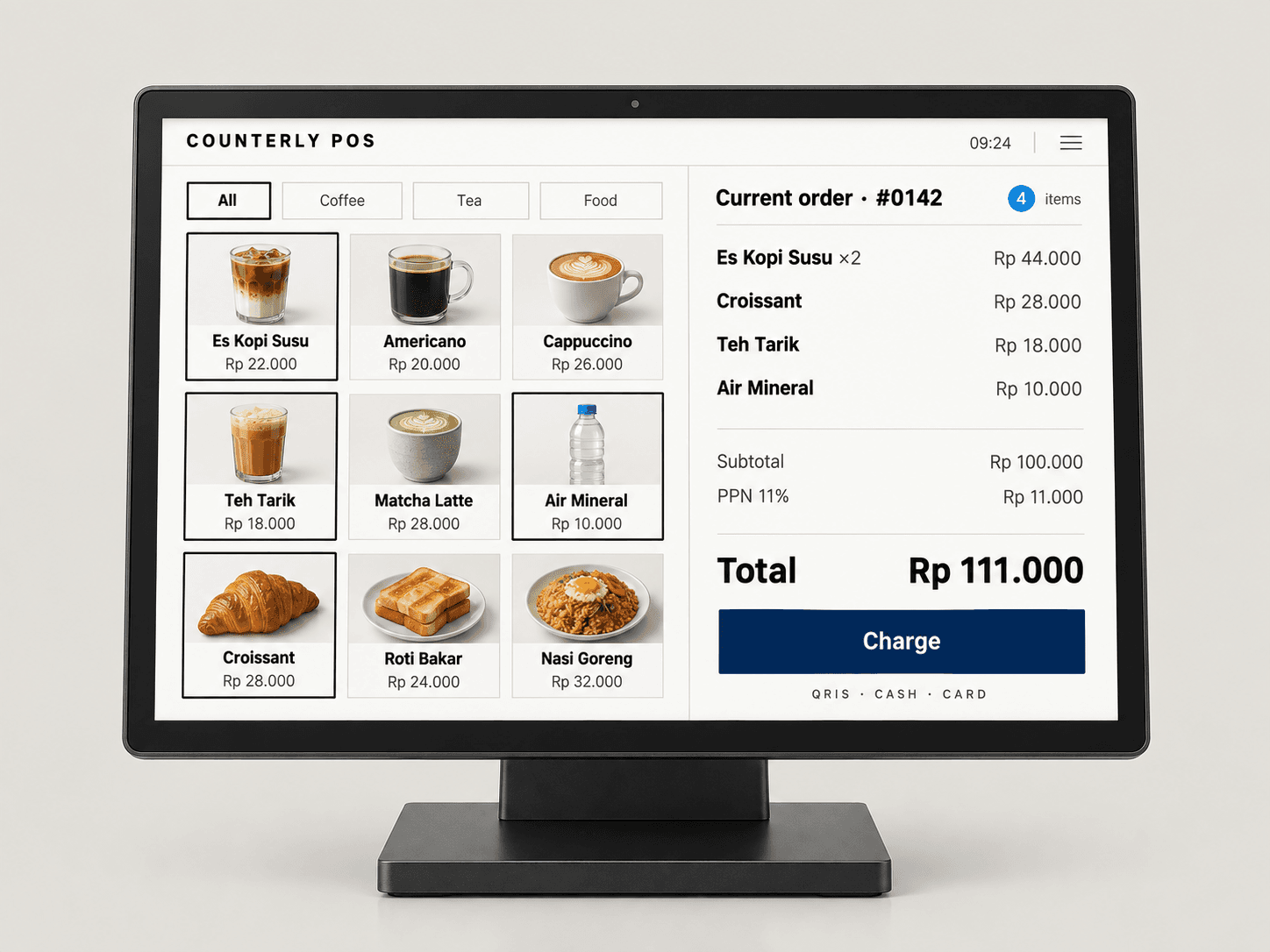Centra POS on a countertop terminal, showing a product grid and the current order